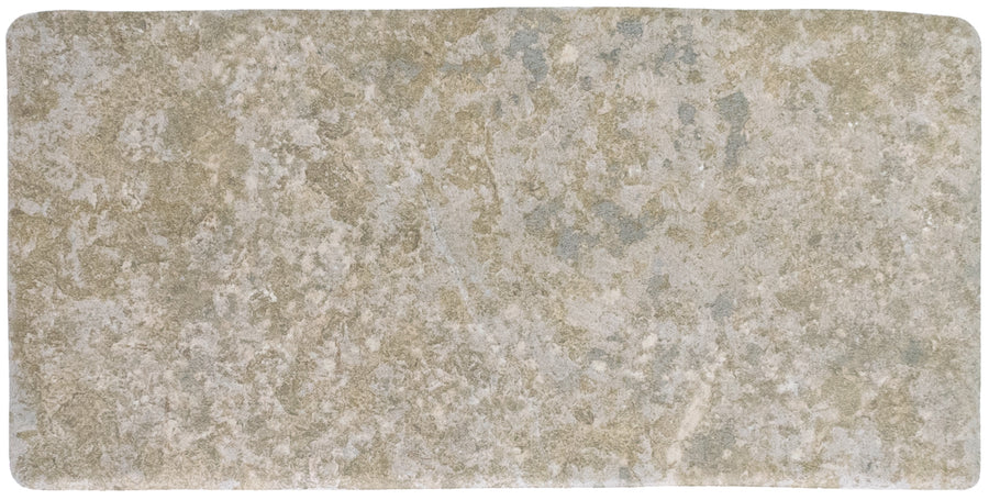 A rectangular ceramic tile named Abbey Stone M (4.3" x 8.6") in Cluny color features a beige and gray mottled, stone-inspired look with slightly rounded edges and a textured, soft-appearing surface.