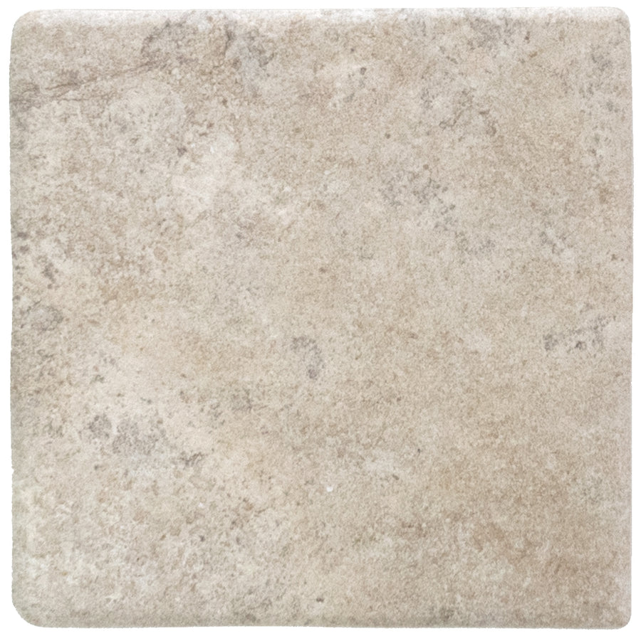 The Abbey Stone S 4.3" x 4.3" Ceramic Tile in Rila features a subtly textured, mottled surface with delicate color variations and faint grayish patterns, offering an elegant stone look for refined flooring.