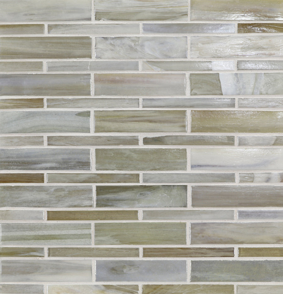 Agate Moyou Mosaic Glass Tile features rectangular pieces in beige, gray, and olive green, arranged in a staggered brick pattern with white grout that enhances its modern style.