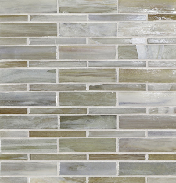 Agate Moyou Mosaic Glass Tile features rectangular pieces in beige, gray, and olive green, arranged in a staggered brick pattern with white grout that enhances its modern style.