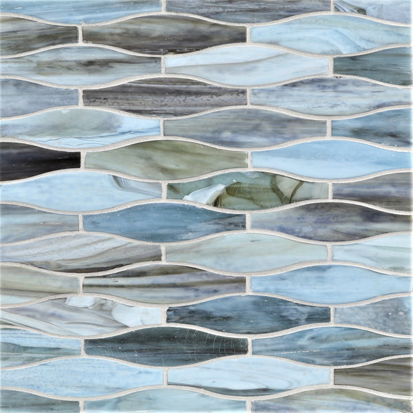 The Agate Taiko Mosaic Glass Tile features elongated ovals in blue, gray, and green with a wavy interlocking pattern and thin white grout lines. Its glossy, marbled finish enhances the three-dimensional look of the glass mosaic.