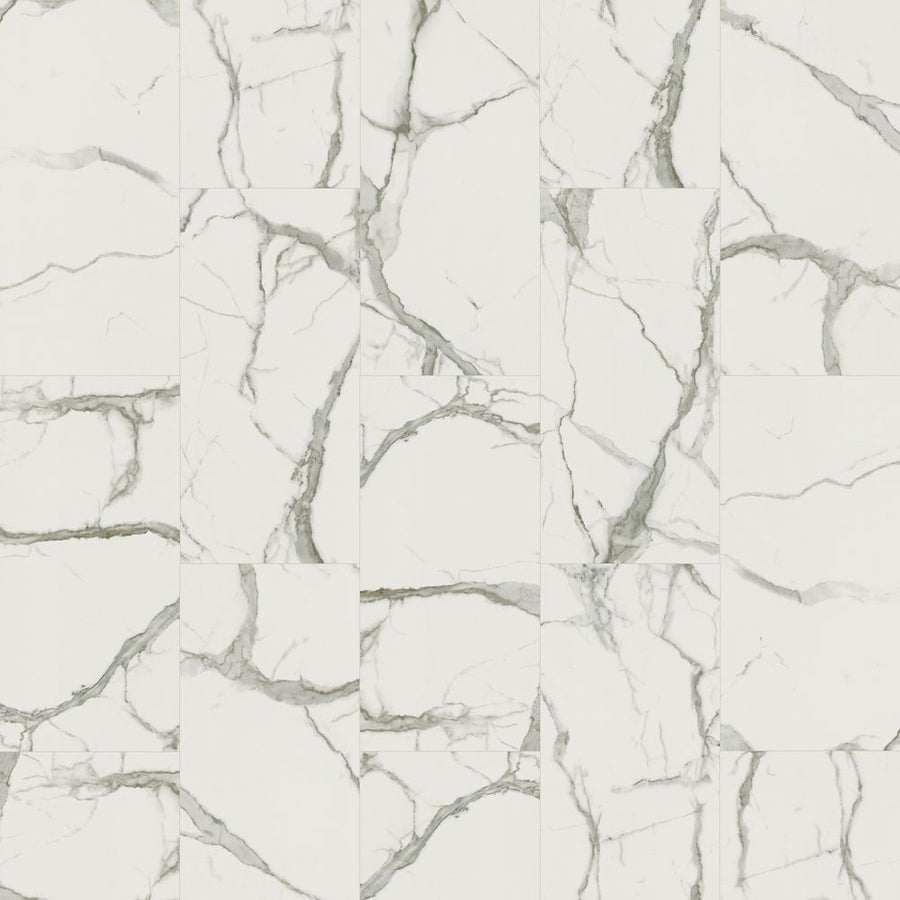 Gradient Arches 12.5" Luxury Vinyl Tile features a smooth, polished white surface with gray and light beige veins in a staggered, arch-inspired pattern for elegant, durable flooring; each tile displays unique veining.