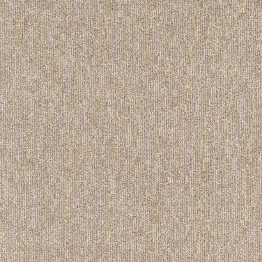 Close-up of Sneak Peak Berber Carpet in Almond Latte, showcasing its subtle vertical linear pattern and dense pile for comfort and durability, offering a soft, neutral background.