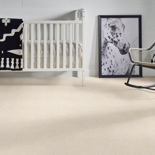 A white crib with a black and white blanket sits in a room with light carpet. Next to it, there is a framed photo of a spotted horse leaning against the wall and part of a black rocking chair is visible.