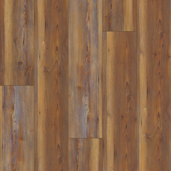 Coretec Plus XL Enhanced Vinyl features long, rectangular planks in warm brown tones with visible wood grain and knots. The staggered pattern provides a natural wood look and rustic style, with the added benefit of waterproof flooring.