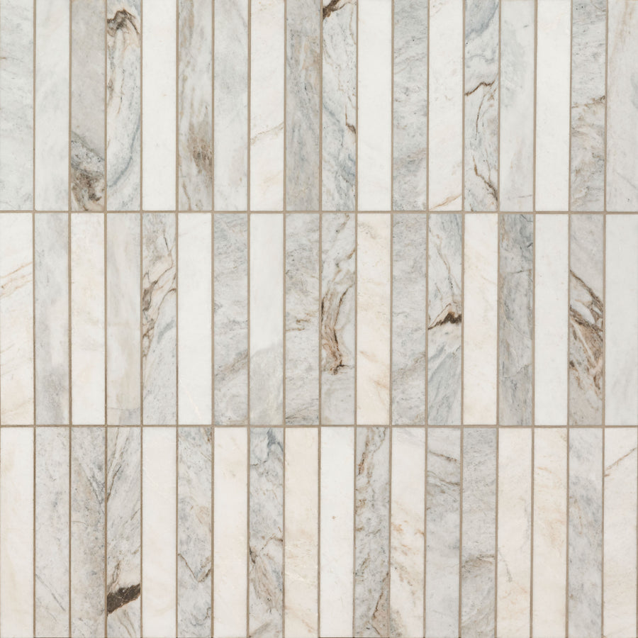 Arabescato Pompei Light 2x12 Stacked Honed Marble Mosaic features gray and beige veining arranged in a vertical, grid-like pattern for a modern, elegant natural stone surface.