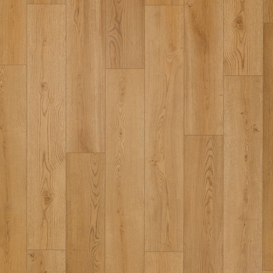 Cordova Falls 7.5" Vinyl features a light brown wood look with natural grain patterns and varied textures, arranged in a staggered design that emulates the authentic aesthetics and shading of oak or similar hardwood flooring.