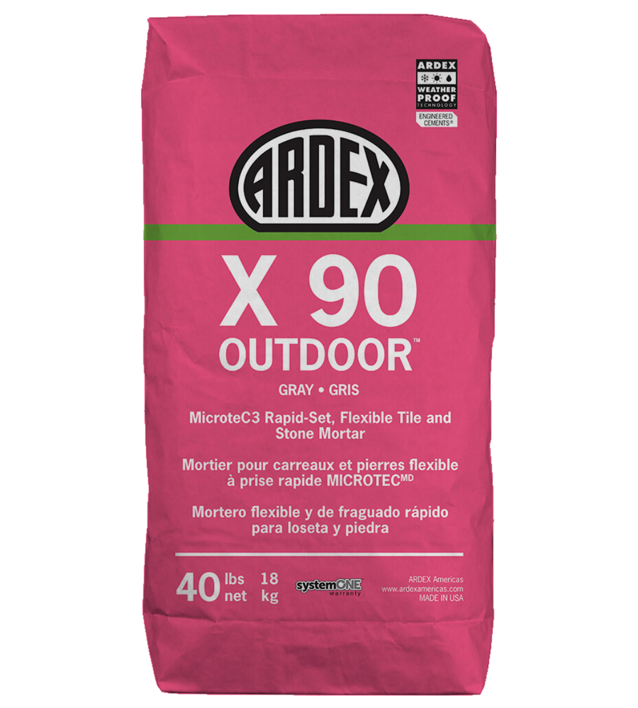 A 40 lb (18 kg) pink bag of Ardex X90 Gray, a rapid-set tile mortar with superior freeze-thaw resistance. The bag shows English and French descriptions and features the ARDEX logo at the top.