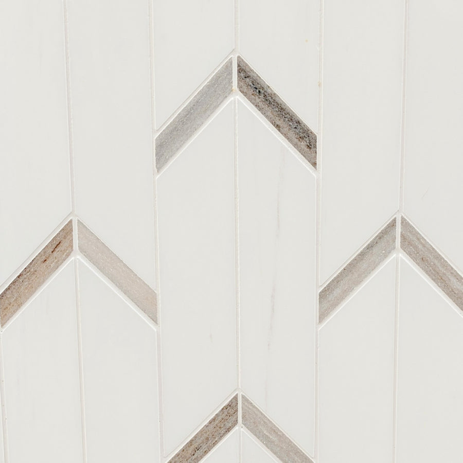 Arrow Polished Marble Mosaic Tile features white tiles in a chevron pattern with Palisandro accents and soft gray-taupe lines, creating a modern geometric look. The smooth, glossy finish adds luxurious appeal to any space.