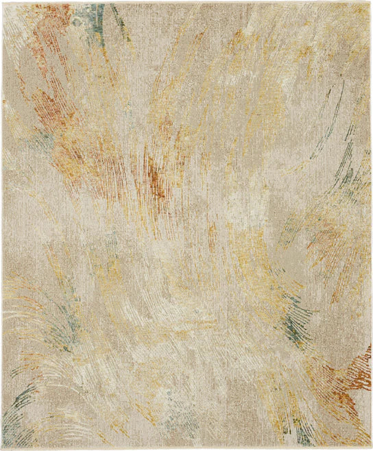The Momento Artifact Area Rug showcases subtle swirling patterns in muted gold, brown, blue, and cream tones for a soft, textured look with an artistic, distressed feel.
