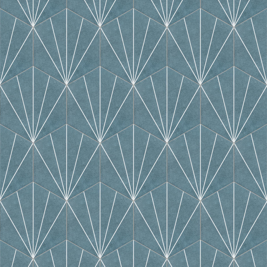 Geometric pattern with blue hexagonal shapes, each divided by white lines radiating from a central point, creating a fan-like or starburst effect across the design.