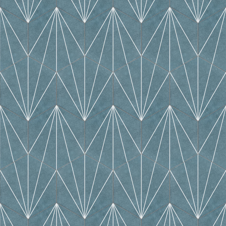 Geometric pattern with overlapping pentagons and white lines forming symmetrical, angular shapes on a textured blue background. The design creates a repeating, modern, and abstract visual effect.
