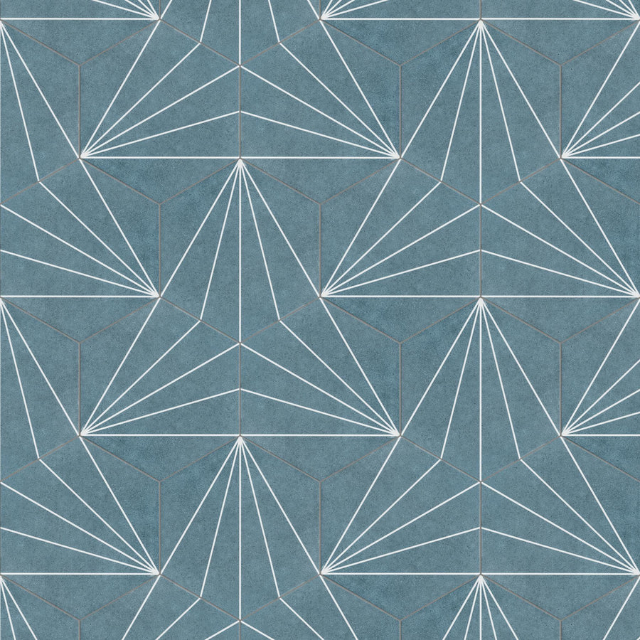 Geometric pattern with white outlined triangles and lines on a textured blue background. The triangles and lines form a repeating, symmetrical design, creating a modern, abstract, and visually striking appearance.