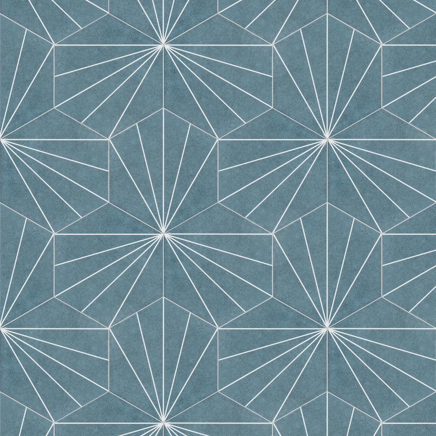 Geometric pattern with white lines forming starburst and polygon shapes on a textured blue background. The design is repetitive and symmetrical, giving a modern, abstract look.