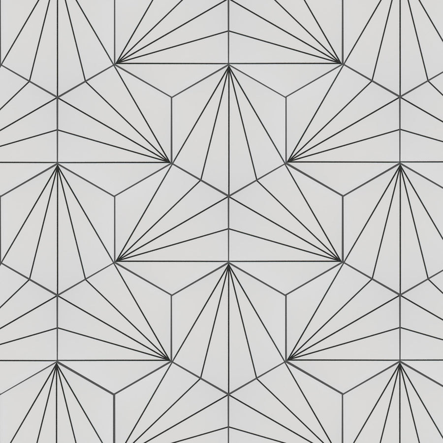 A geometric pattern featuring black lines forming interconnected triangles, diamonds, and hexagons on a white background. The design creates a symmetrical, modern, and abstract appearance.