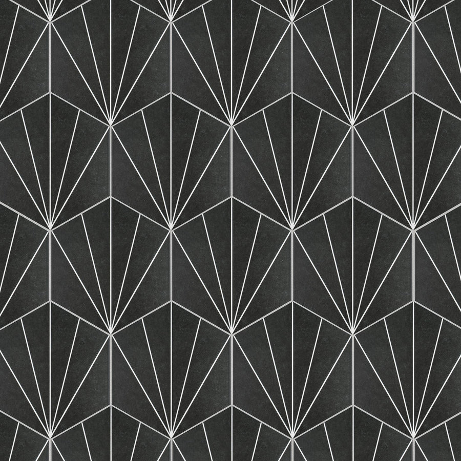 A geometric pattern featuring repeated white lines forming angular shapes resembling fan-like or diamond structures on a dark gray background. The design creates a symmetrical and modern appearance.