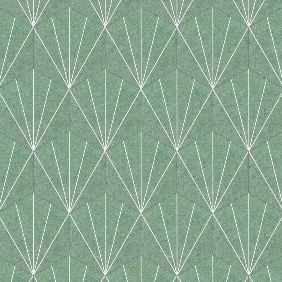 Geometric pattern with green hexagonal shapes and white lines radiating outward from their bases, resembling stylized fan or sunburst designs, repeated in a seamless tiled arrangement.