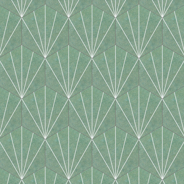 Geometric pattern with green hexagonal shapes and white lines radiating outward from their bases, resembling stylized fan or sunburst designs, repeated in a seamless tiled arrangement.