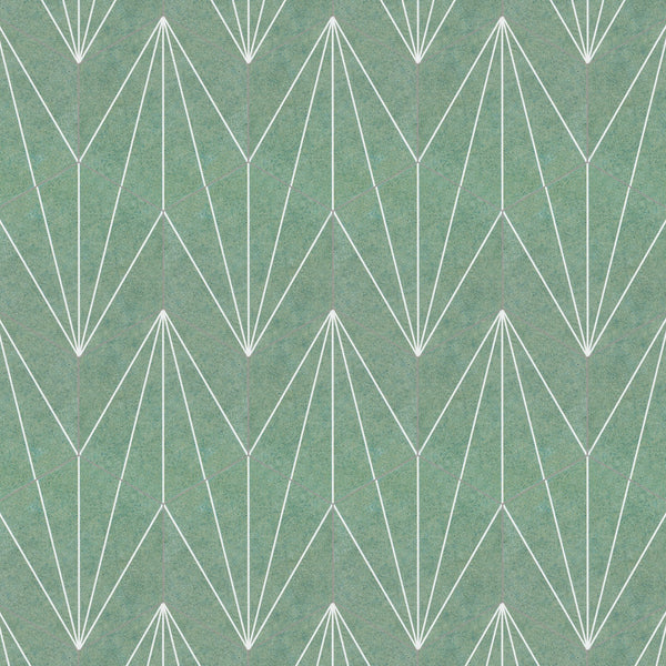 Geometric pattern with white zigzag and diamond-shaped lines on a muted green background, creating a repeating symmetrical design.