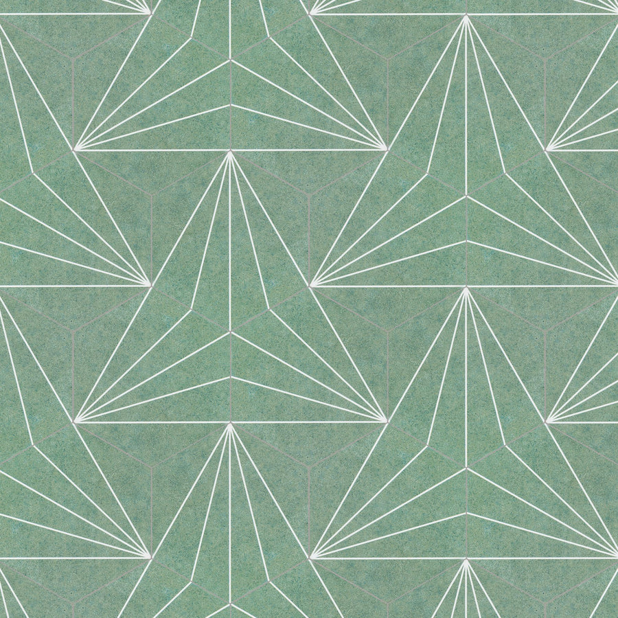 A geometric pattern featuring repeated white outlines of triangular shapes on a muted teal background, forming a symmetrical, tessellated design. The triangles have inner dividing lines, creating a layered effect.