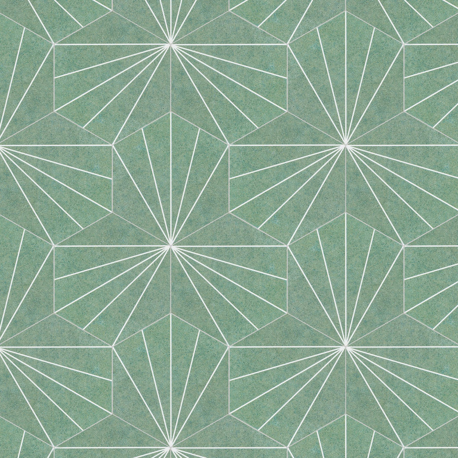 Geometric pattern with radiating white lines forming pentagon and hexagon shapes on a textured green background. The design is symmetrical and repetitive, giving a modern, abstract look.