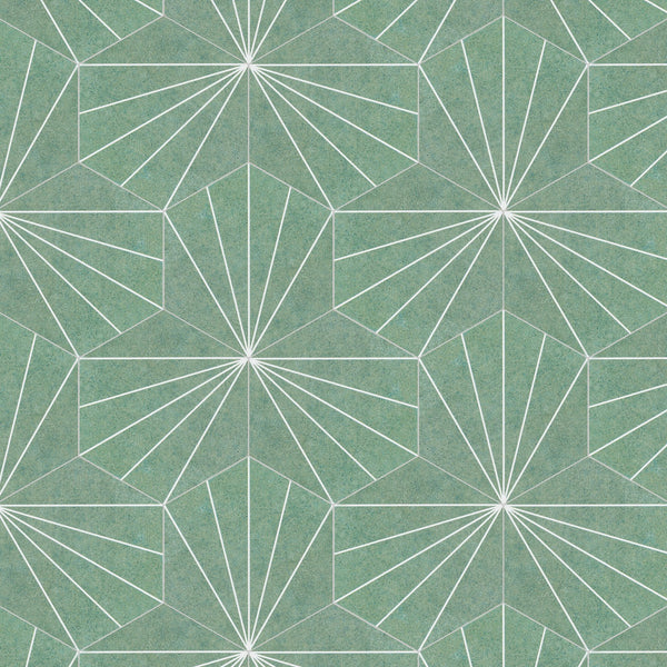 Geometric pattern with radiating white lines forming pentagon and hexagon shapes on a textured green background. The design is symmetrical and repetitive, giving a modern, abstract look.