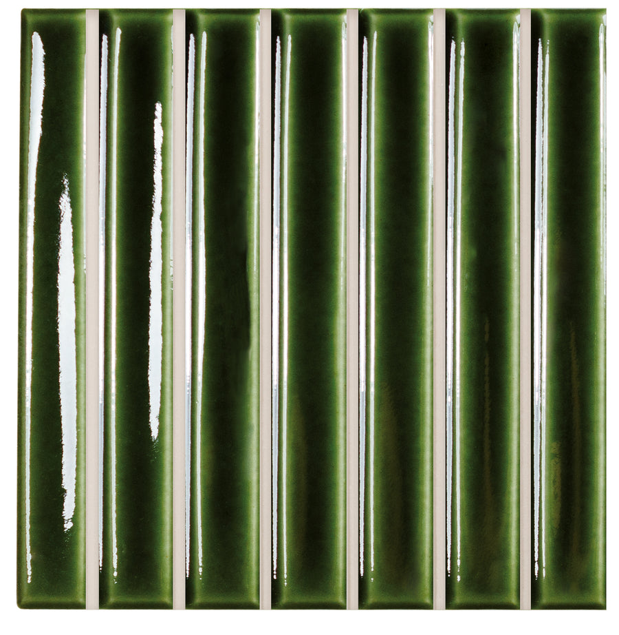 The Astria 4.6" x 4.6" Deco Ceramic Tile in Olive Glossy features a shiny, rectangular design with white grout lines—ideal for modern backsplashes or accent walls thanks to its smooth finish and rich color gradient.
