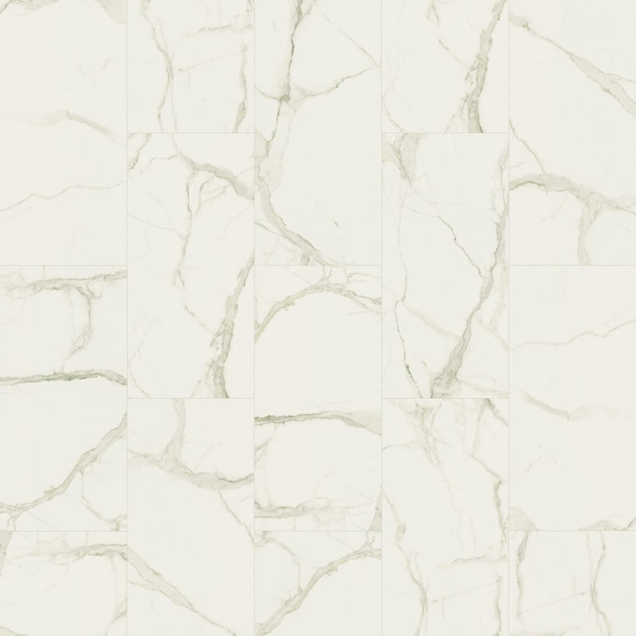 Gradient Arches 12.5" Luxury Vinyl Tile features a white marble pattern with light gray veins, offering a durable and elegant flooring option. Its staggered layout brings sophisticated, natural stone style to any space.