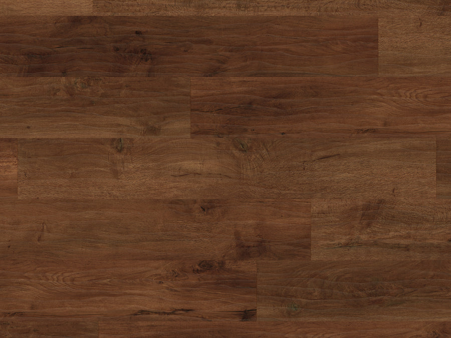 Art Select 7" Vinyl Plank in Autumn Oak offers a dark brown finish with visible grain and knots, arranged in a staggered pattern for a rustic look. Enjoy its durable, smooth, and polished wood-like surface.