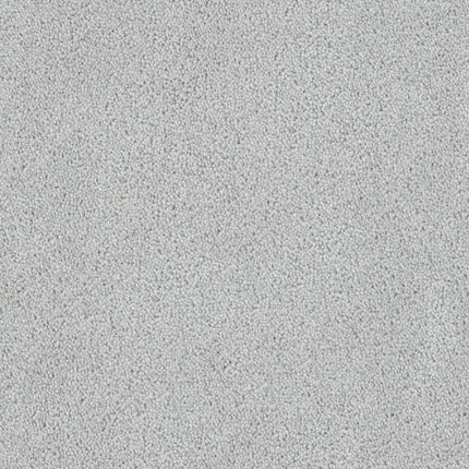 A close-up of Tribute Family Friendly Carpet in Avalon shows its light gray, plush texture and tightly packed, stain-resistant fibers—ideal for family spaces.