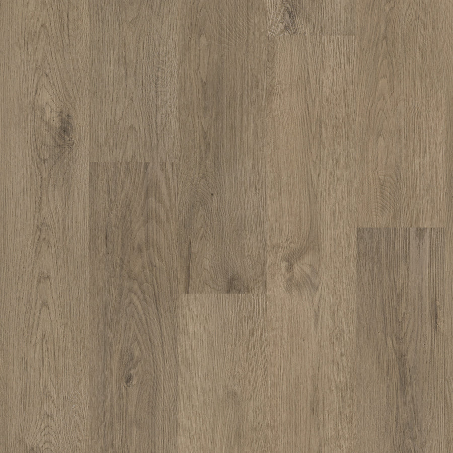A close-up view of Coretec Pro Plus Vinyl luxury flooring in natural light brown with visible wood grain and knots. The planks have a smooth matte finish, rigid core, and slight shade variations for an elegant look.