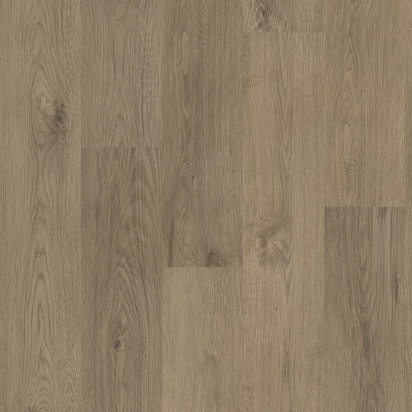 A close-up view of Coretec Pro Plus Vinyl luxury flooring in natural light brown with visible wood grain and knots. The planks have a smooth matte finish, rigid core, and slight shade variations for an elegant look.