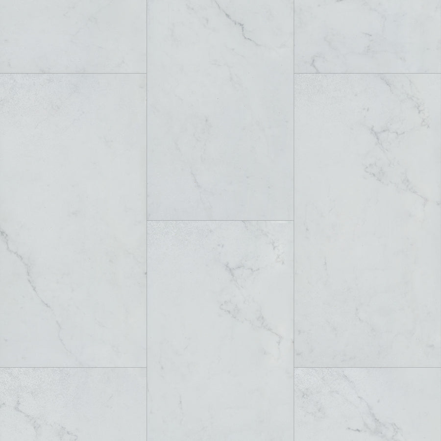 A close-up of Coretec Plus Tile Luxury Vinyl Tile shows white marble tiles with subtle gray veining and a smooth, matte finish in an offset pattern—ideal for elegant, waterproof flooring designs.