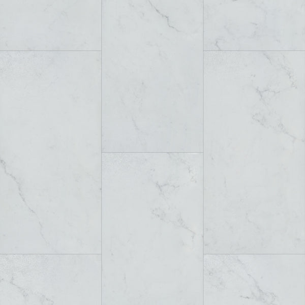 A close-up of Coretec Plus Tile Luxury Vinyl Tile shows white marble tiles with subtle gray veining and a smooth, matte finish in an offset pattern—ideal for elegant, waterproof flooring designs.