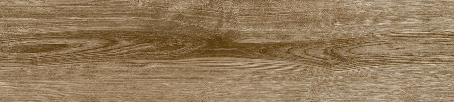 Close-up of Sequoia 8x35 Wood Plank Tile in Sierra, highlighting natural wood grain patterns and textures with swirling lines and oval knots in brown and beige shades.