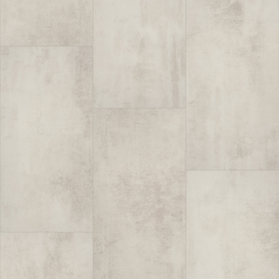 Paragon Tile Plus Vinyl features light gray rectangular tiles in a staggered pattern, with a subtle textured and slightly weathered surface for a modern, minimalist look.
