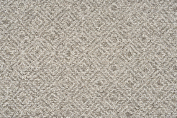 Brentwood Berber Carpet in Nickle color features a textured diamond pattern with repeating geometric shapes, offering an elegant woven look and soft feel.