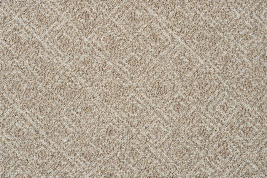 Brentwood Berber Carpet in Prairie features a subtle diamond pattern with light and medium beige tones. This elegant, resilient carpet offers a soft, cozy texture and durable flooring ideal for everyday use.