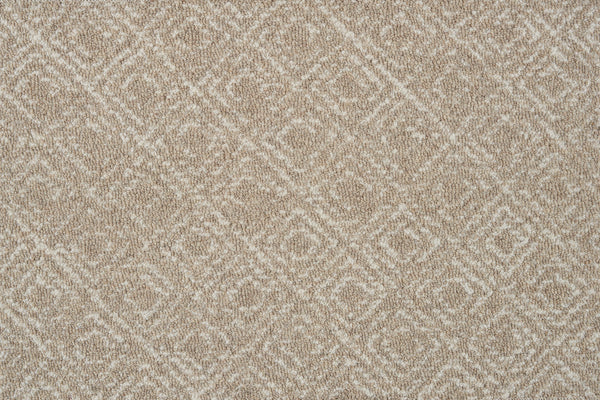 Brentwood Berber Carpet in Prairie features a subtle diamond pattern with light and medium beige tones. This elegant, resilient carpet offers a soft, cozy texture and durable flooring ideal for everyday use.