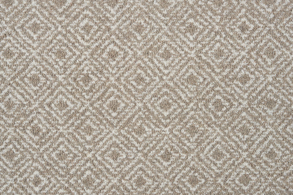 Close-up of Brentwood Berber Carpet in Taupe, featuring a soft woven texture and repeating diamond-shaped geometric pattern in white and light brown. This elegant, durable flooring adds a subtle, neutral touch to any space.