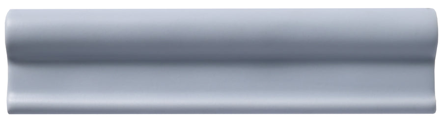 The Zephyr 2x8 Rail Molding Ceramic Tile is a light gray, glossy, cylindrical trim with a handcrafted look, shown from above on a white background.