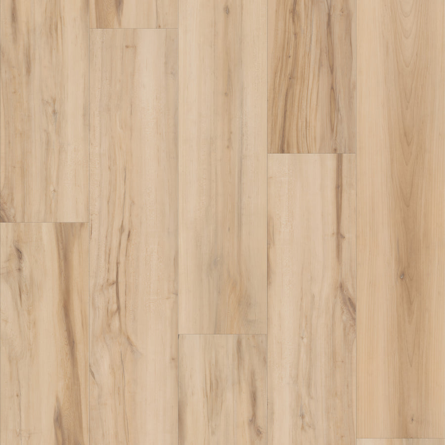 Fresh Take 9" Vinyl features a light-colored, matte finish with subtle natural grain patterns running vertically. The planks are arranged in a staggered layout, offering a seamless and modern look to any space.
