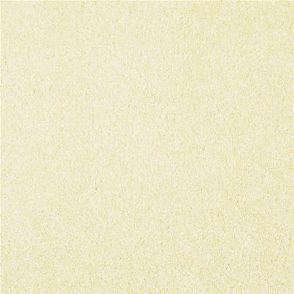 A close-up view of Oceanside Family Friendly Carpet in Banana Cream, showcasing its soft texture, plush feel, uniform light yellow color, and slightly fuzzy appearance.
