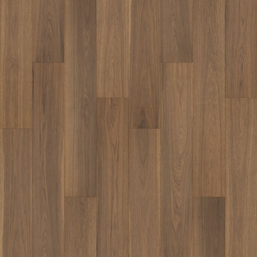 A close-up of Kallan Point 7 1/2" Waterproof Laminate in Bark Hickory, arranged in a staggered pattern to showcase its natural brown tones and realistic wood grain texture.