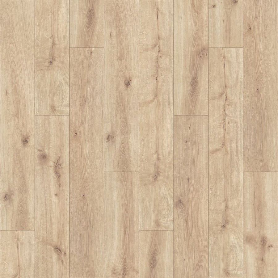Avery Grove 7.5" Vinyl Plank features light wood tones, natural grain patterns, and subtle knots in a staggered plank design. Its smooth finish and warm, neutral color offer stylish appeal and scratch resistance.