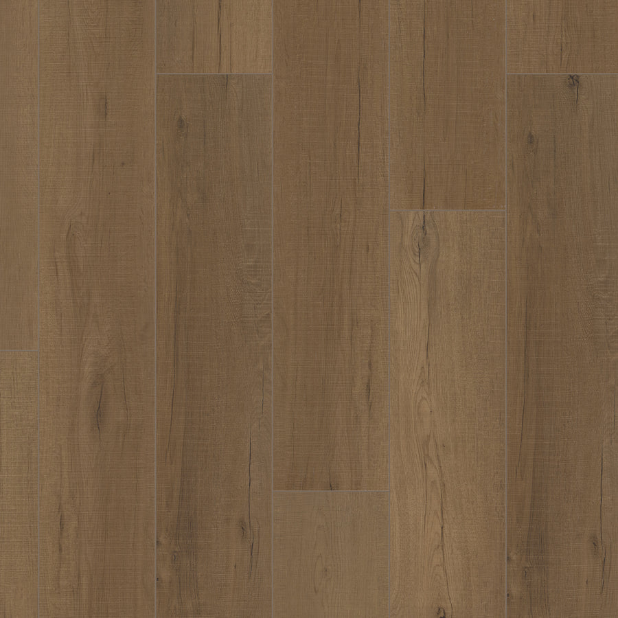 Close-up of Coretec Plus Enhanced Vinyl flooring with brown planks in a staggered pattern. The luxury vinyl features wood grain texture, knots, subtle color variations, and durable waterproof construction.