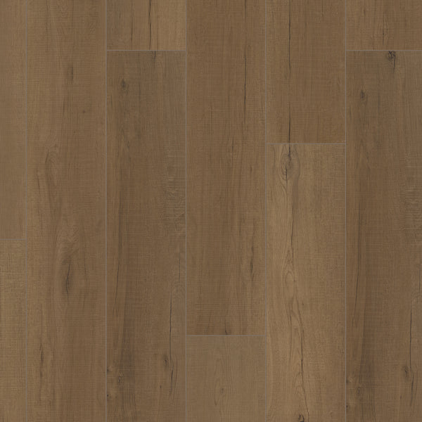 Close-up of Coretec Plus Enhanced Vinyl flooring with brown planks in a staggered pattern. The luxury vinyl features wood grain texture, knots, subtle color variations, and durable waterproof construction.