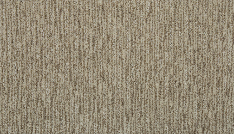 Close-up of Beautiful Elements Pet Friendly Carpet in Canvas, featuring a textured beige and brown surface with a vertical linear pattern—ideal for those seeking stylish, durable flooring.