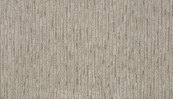 Close-up of Beautiful Elements Pet Friendly Carpet in Camellia, featuring a textured beige surface with subtle vertical and horizontal lines in light and dark tones for a luxurious, durable woven look.