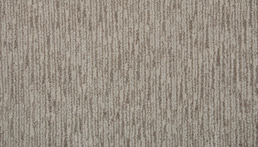 Close-up of Beautiful Elements Pet Friendly Carpet in Homemade color, featuring a beige and light brown vertical striped pattern and soft, textured woven surface for durable flooring with a modern, neutral look.